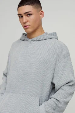 Flash Sale boohooMAN Oversized Acid Wash Heavy Waffle Hoodie with Woven Tab grey