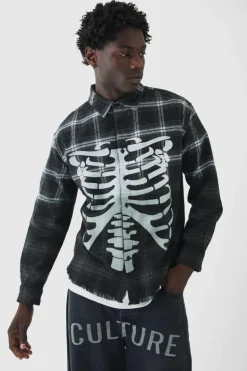 Hot boohooMAN Oversized Acid Wash Ribcage Print Check Shirt black