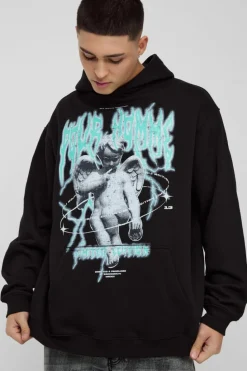Discount boohooMAN Oversized Angel Graphic Hoodie black