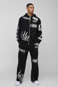 Outlet boohooMAN Oversized AOP Doodle Zip Through Tracksuit black