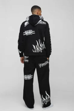 Outlet boohooMAN Oversized AOP Doodle Zip Through Tracksuit black