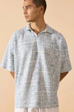 Sale boohooMAN Oversized Aztec Jacquard Rugby Half Sleeve Sweatshirt blue