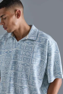 Sale boohooMAN Oversized Aztec Jacquard Rugby Half Sleeve Sweatshirt blue