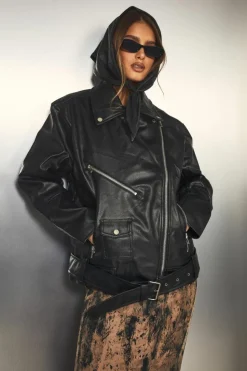 Best boohoo Oversized Belted Biker Jacket black