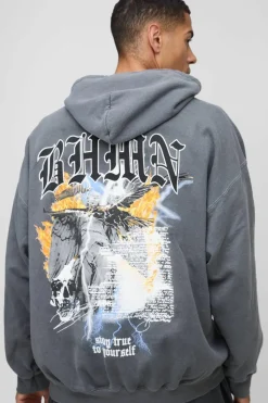 Shop boohooMAN Oversized BHMN Gothic Bird Large Graphic Washed Hoodie charcoal