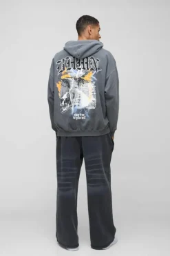 Shop boohooMAN Oversized BHMN Gothic Bird Large Graphic Washed Hoodie charcoal