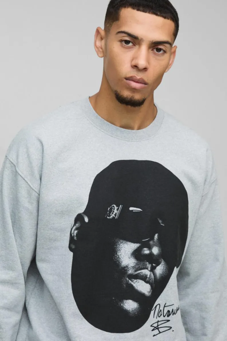 Cheap boohooMAN Oversized Biggie Face License Print Sweatshirt grey
