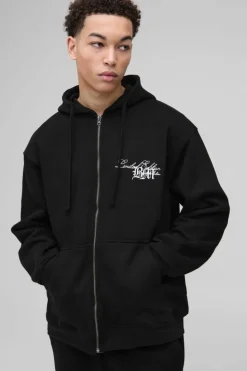 New boohooMAN Oversized BM 3D Embroidered Zip Through Hoodie black