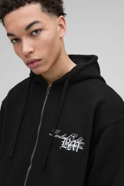 New boohooMAN Oversized BM 3D Embroidered Zip Through Hoodie black