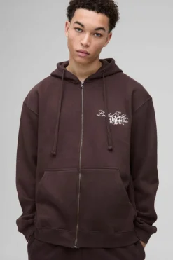 Clearance boohooMAN Oversized BM 3D Embroidered Zip Through Hoodie chocolate