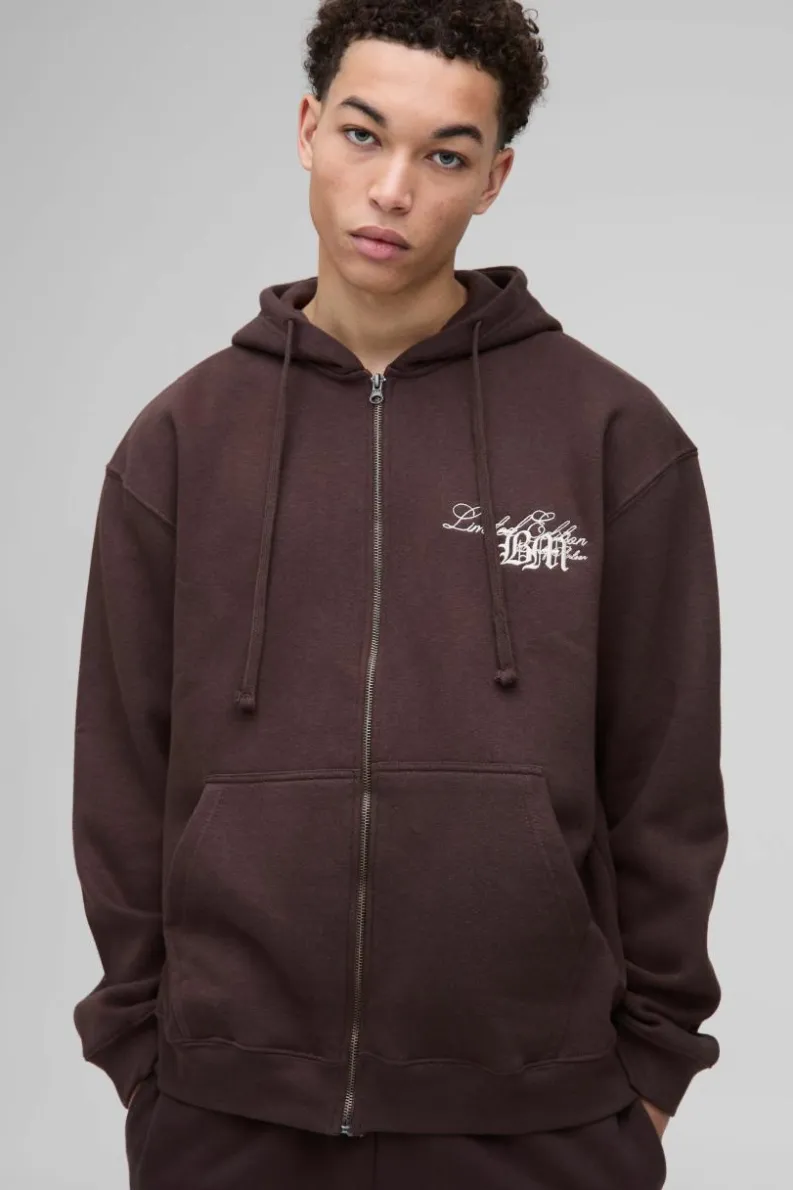 Clearance boohooMAN Oversized BM 3D Embroidered Zip Through Hoodie chocolate