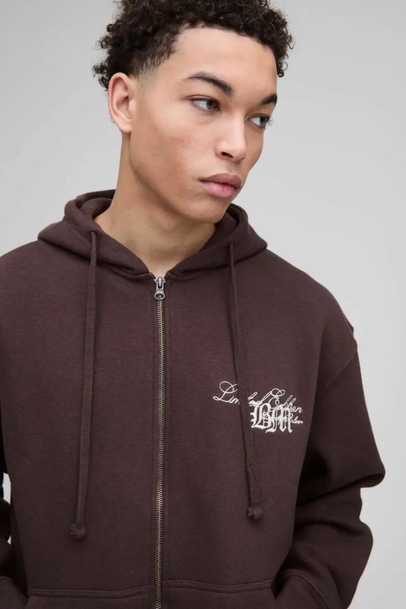 Clearance boohooMAN Oversized BM 3D Embroidered Zip Through Hoodie chocolate