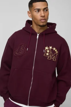 Cheap boohooMAN Oversized BM Varsity Applique Zip Through Hoodie burgundy