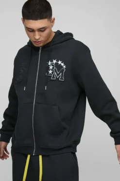 Outlet boohooMAN Oversized BM Varsity Applique Zip Through Hoodie black