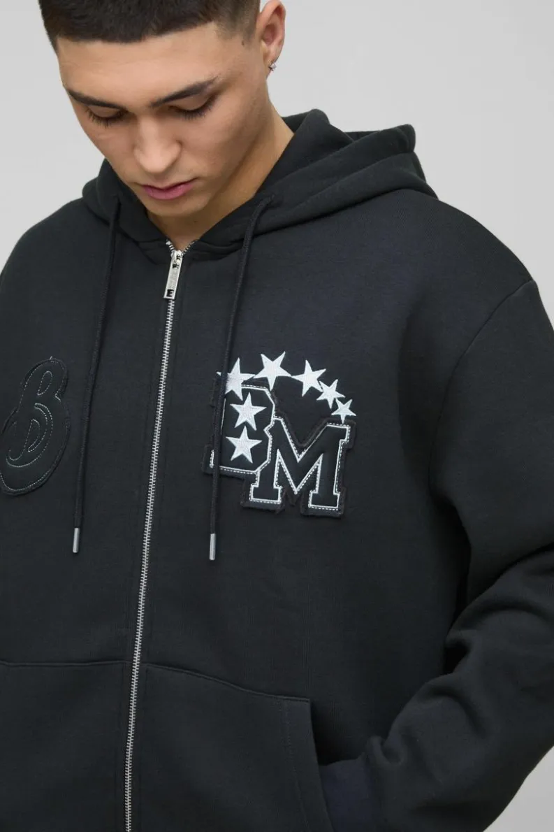 Outlet boohooMAN Oversized BM Varsity Applique Zip Through Hoodie black