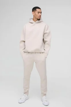 Store boohooMAN Oversized Bonded Scuba Hooded Tracksuit stone