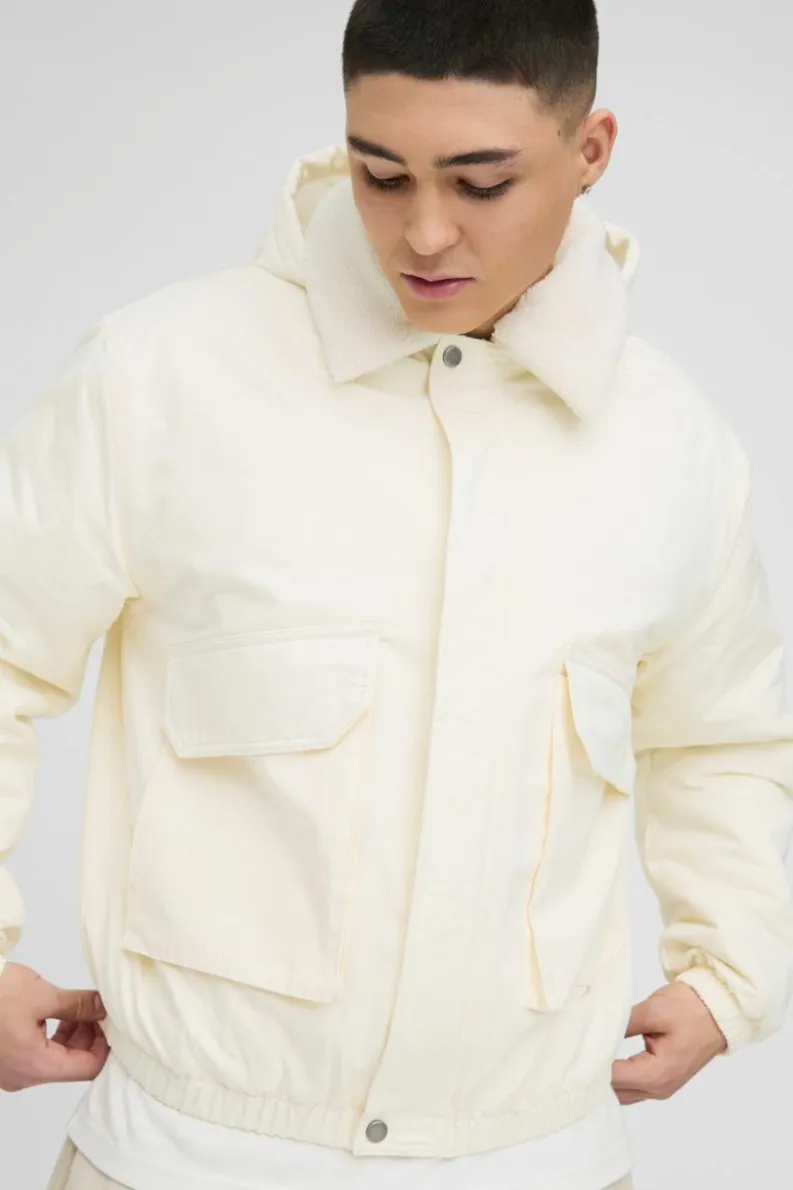 Fashion boohooMAN Oversized Borg Collar Twill Hooded Bomber Jacket ecru