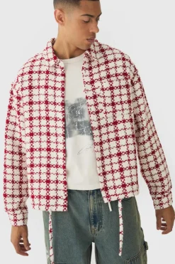 Fashion boohooMAN Oversized Boucle Bungee Hem Check Overshirt red