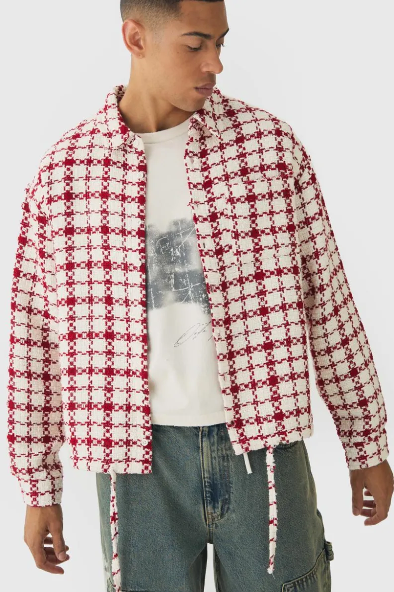 Fashion boohooMAN Oversized Boucle Bungee Hem Check Overshirt red