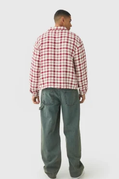 Fashion boohooMAN Oversized Boucle Bungee Hem Check Overshirt red