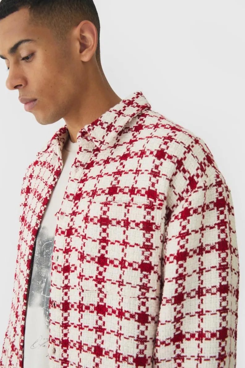 Fashion boohooMAN Oversized Boucle Bungee Hem Check Overshirt red
