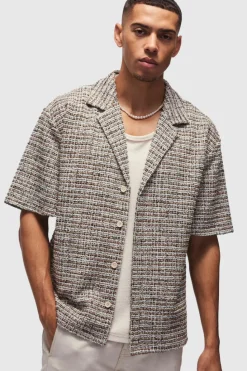 Hot boohooMAN Oversized Boucle Dropped Revere Shirt stone