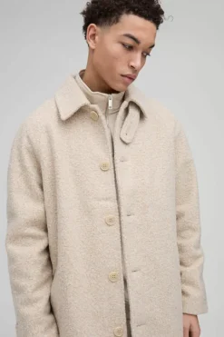 Store boohooMAN Oversized Boucle Overcoat In ecru