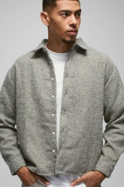 Outlet boohooMAN Oversized Boucle Overshirt khaki