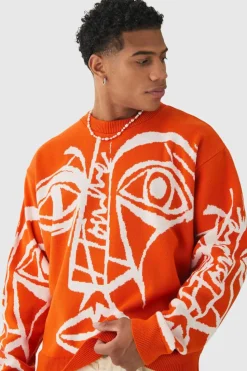 Cheap boohooMAN Oversized Boxy Abstract Line Face Knitted Jumper orange