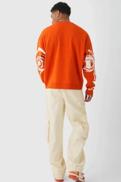 Cheap boohooMAN Oversized Boxy Abstract Line Face Knitted Jumper orange