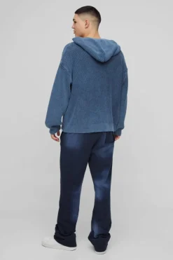 Flash Sale boohooMAN Oversized Boxy Acid Wash Knitted Hoodie blue