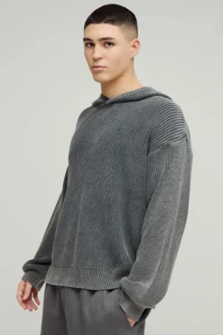 Flash Sale boohooMAN Oversized Boxy Acid Wash Knitted Hoodie charcoal