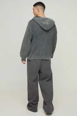 Flash Sale boohooMAN Oversized Boxy Acid Wash Knitted Hoodie charcoal