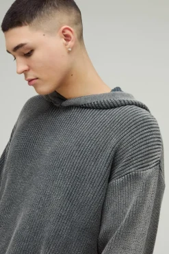Flash Sale boohooMAN Oversized Boxy Acid Wash Knitted Hoodie charcoal