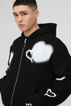 Cheap boohooMAN Oversized Boxy All Over Heart Printed Zip Through Hooded Tracksuit black