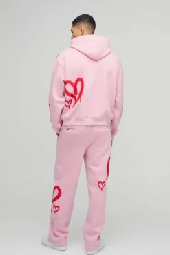 Clearance boohooMAN Oversized Boxy All Over Heart Printed Hooded Tracksuit pink
