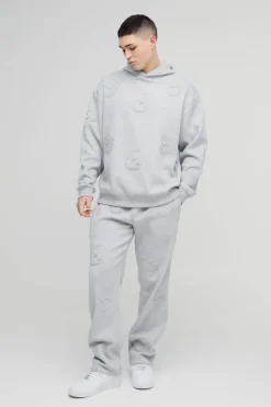 Discount boohooMAN Oversized Boxy All Over Heart Applique Tracksuit grey marl
