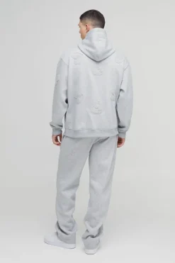 Discount boohooMAN Oversized Boxy All Over Heart Applique Tracksuit grey marl