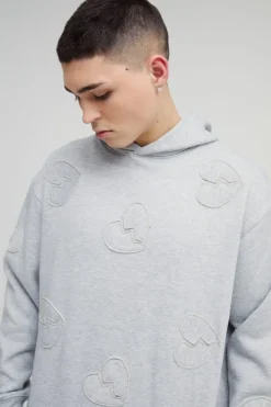 Discount boohooMAN Oversized Boxy All Over Heart Applique Tracksuit grey marl