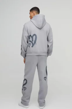 Store boohooMAN Oversized Boxy All Over Heart Printed Hooded Tracksuit grey marl