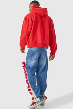 Best Sale boohooMAN Oversized Boxy All Over Heart Applique Hoodie red