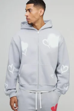 Flash Sale boohooMAN Oversized Boxy All Over Heart Printed Zip Through Hoodie grey