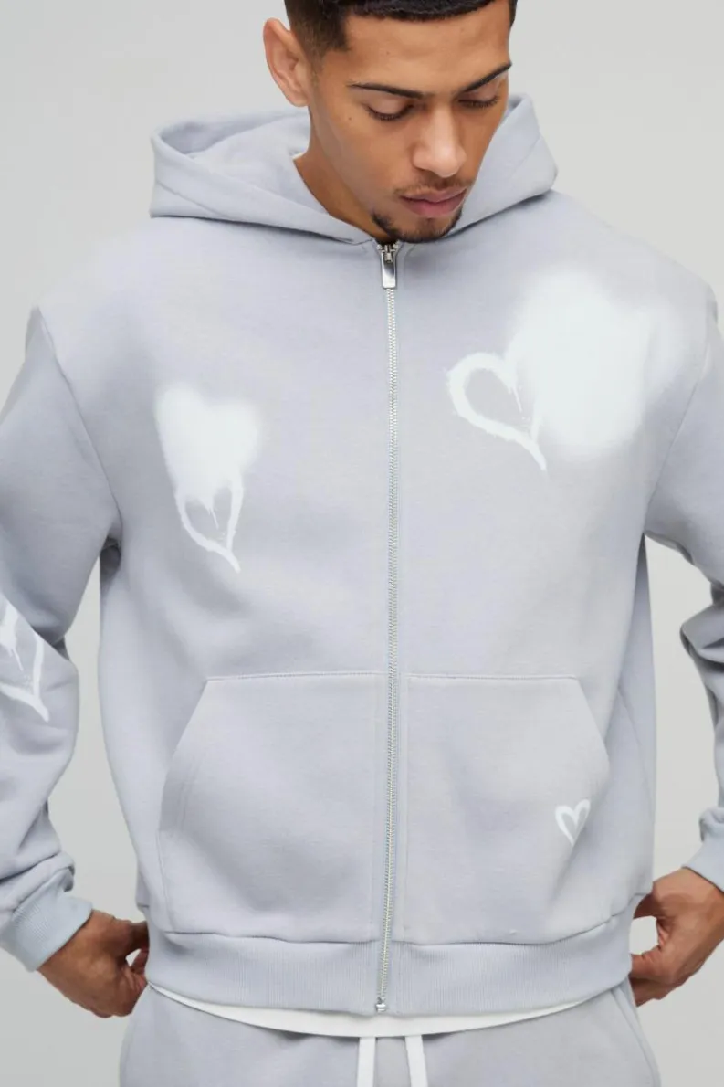Flash Sale boohooMAN Oversized Boxy All Over Heart Printed Zip Through Hoodie grey
