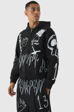 Fashion boohooMAN Oversized Boxy All Over Print Graffiti Zip Through Tracksuit black