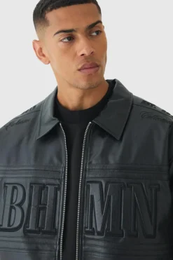 Online boohooMAN Oversized Boxy Badge PU Bomber Jacket black