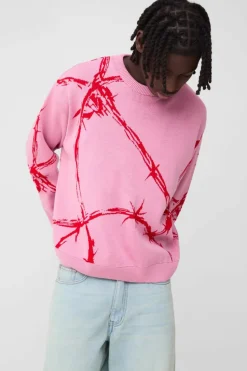 Cheap boohooMAN Oversized Boxy Barbed Wire Jacquard Knitted Jumper pink