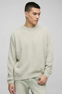 Hot boohooMAN Oversized Boxy Basket Knitted Crew Jumper stone