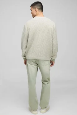 Hot boohooMAN Oversized Boxy Basket Knitted Crew Jumper stone