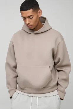 Cheap boohooMAN Oversized Boxy Bonded Scuba Hoodie taupe
