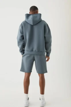 Flash Sale boohooMAN Oversized Boxy Bonded Scuba Hooded Short Tracksuit slate blue